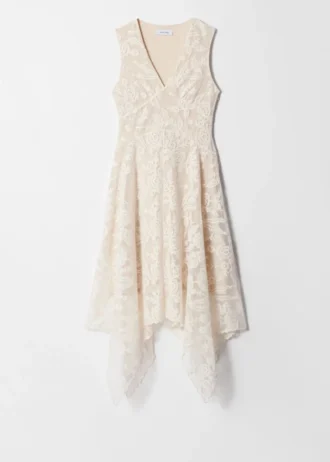Vestido midi de encaje con cuello en V