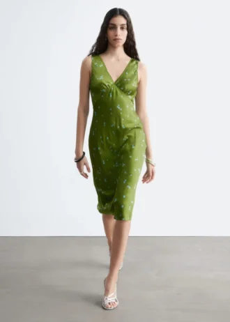 Vestido midi liso con cuello en V