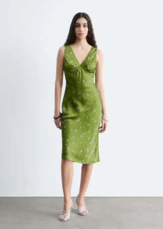 Vestido midi liso con cuello en V